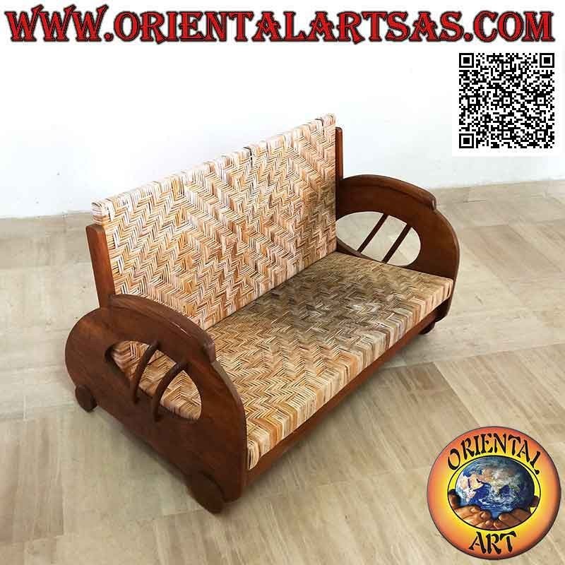 Imperial style low two-seater armchair in teak wood and bamboo (double strap)