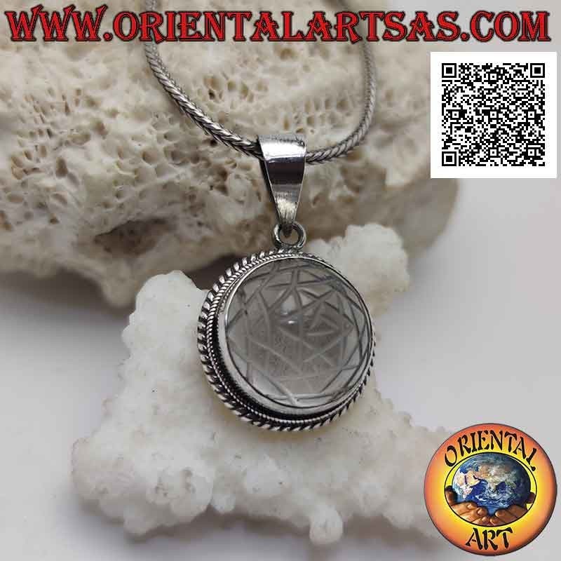 Silver pendant with Sri Yantra engraved on round cabochon rock crystal and smooth band and double weave (b)
