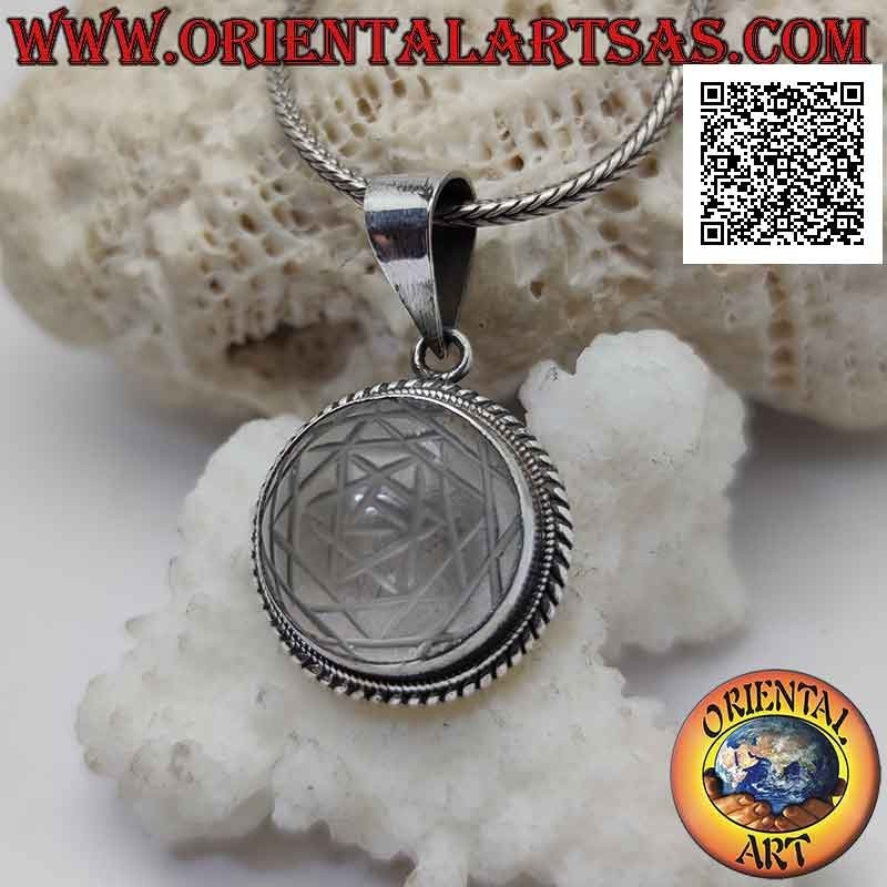 Silver pendant with Sri Yantra engraved on round cabochon rock crystal and smooth band and double weave (b)