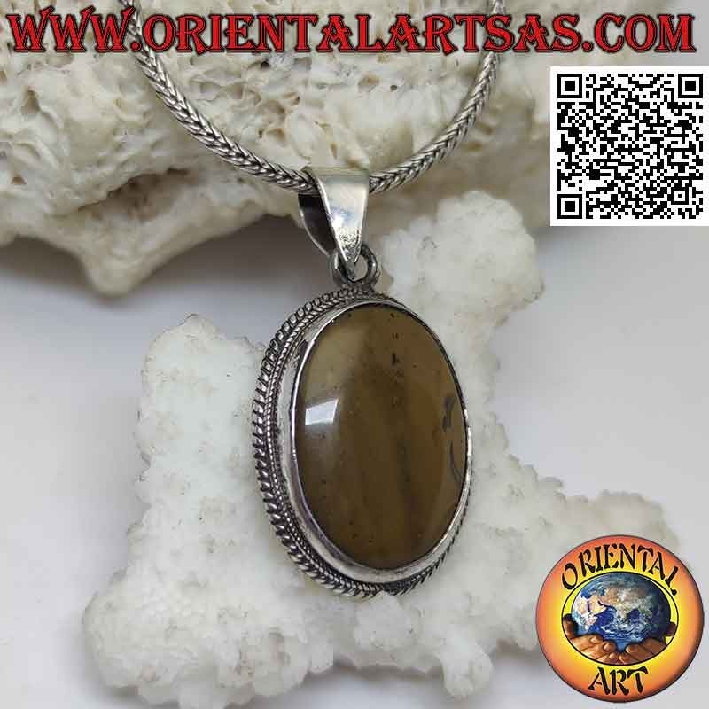 Silver pendant with oval fossil wood surrounded by weaving