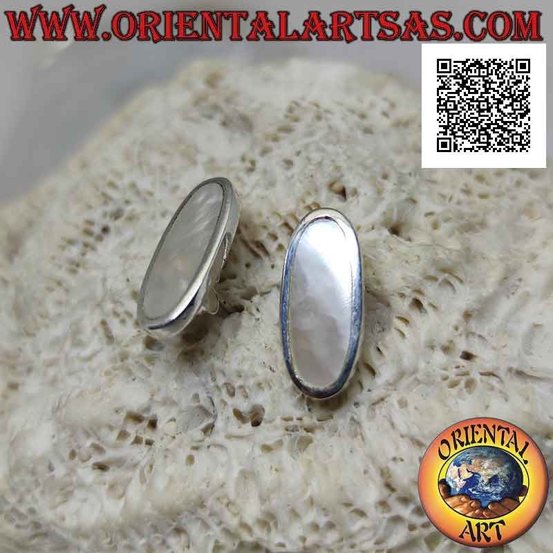 Silver lobe earrings with flat oval mother-of-pearl with smooth rounded edge