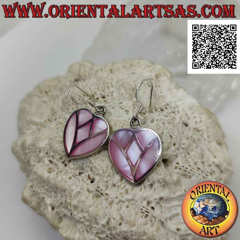 Heart-shaped silver pendant earrings with multicolor mosaic mother-of-pearl