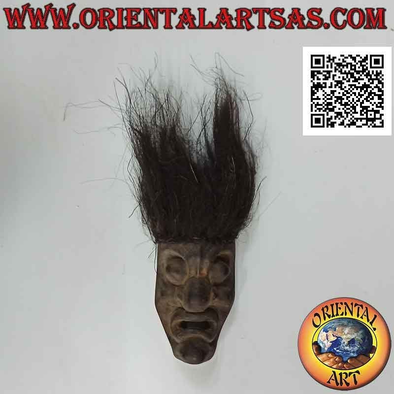 Masque d'indigène aux cheveux en fibre de coco en bois de teck, 30 x 10 cm