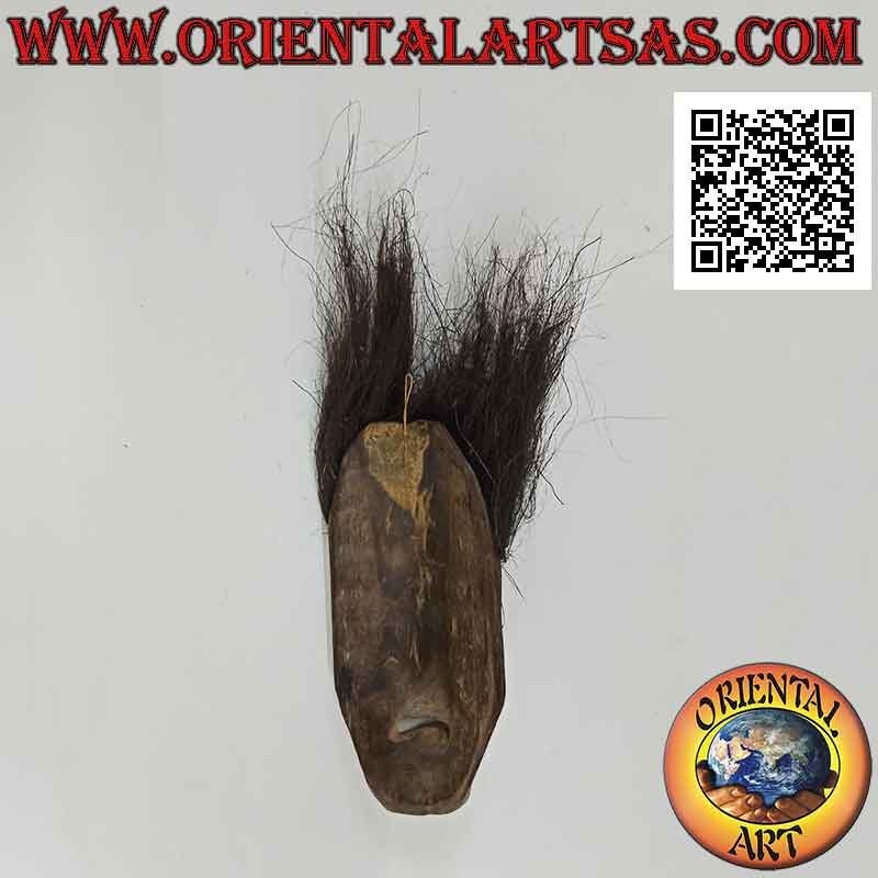 Maschera di un indigeno con capelli in fibra di cocco in legno di teak, 30 x 10 cm