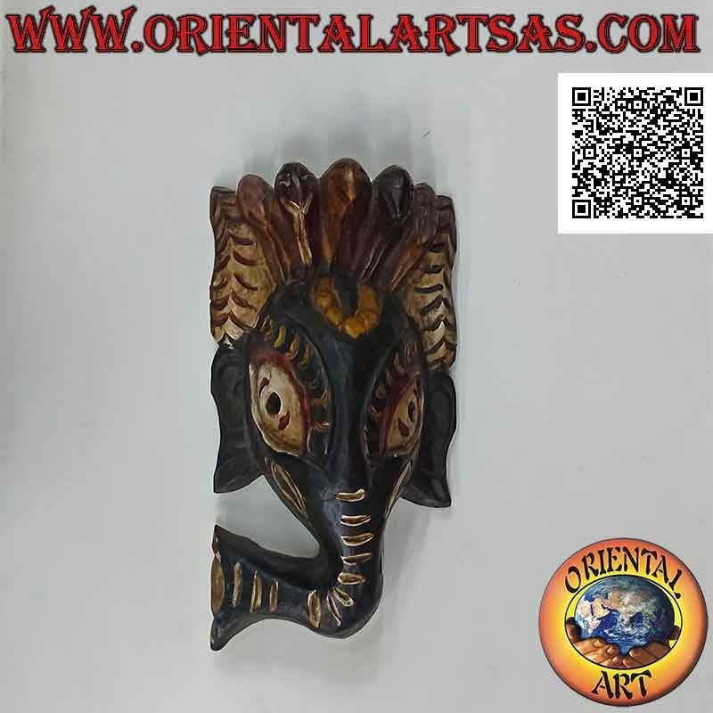 Maschera di Ganesh intagliata e dipinta da artigiani nepalesi in legno di palissandro, 31 x 16 cm