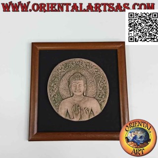 Quadro quadrato con Buddha scolpito su disco di pietra su tela nera e cornice in legno (30 cm)