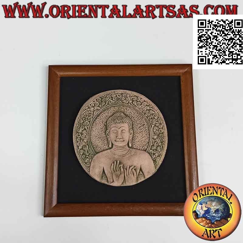 Quadro quadrato con Buddha scolpito su disco di pietra su tela nera e cornice in legno (30 cm)