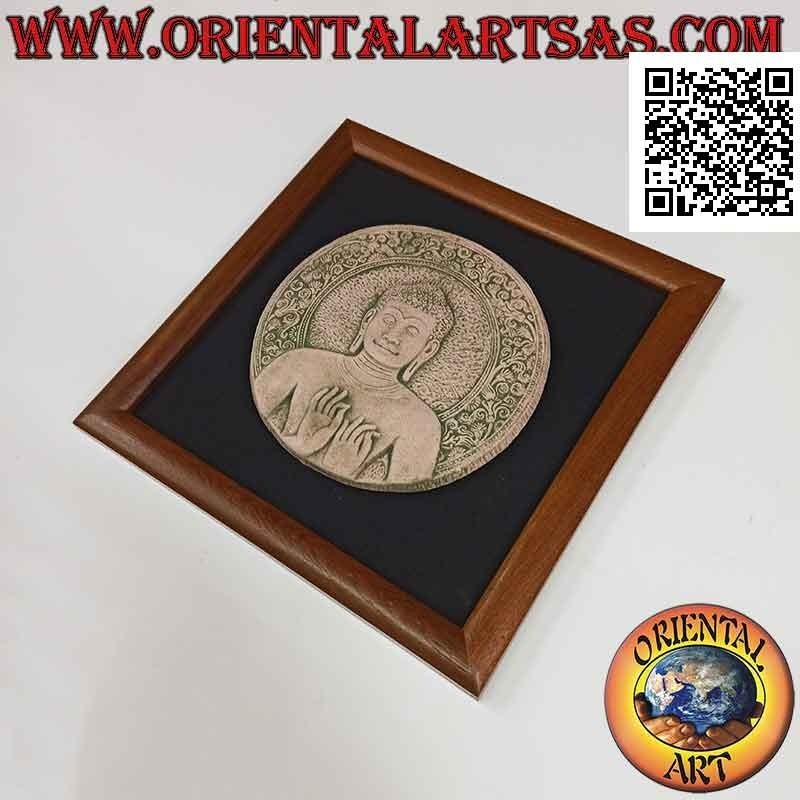 Quadro quadrato con Buddha scolpito su disco di pietra su tela nera e cornice in legno (30 cm)