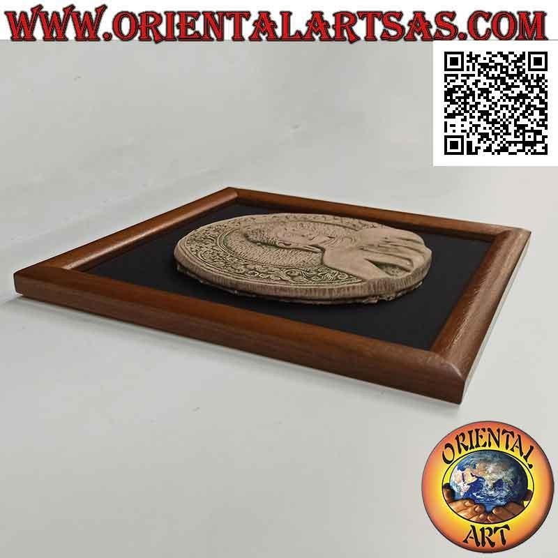 Square picture with Buddha carved on stone disc on black canvas and wooden frame (30 cm)