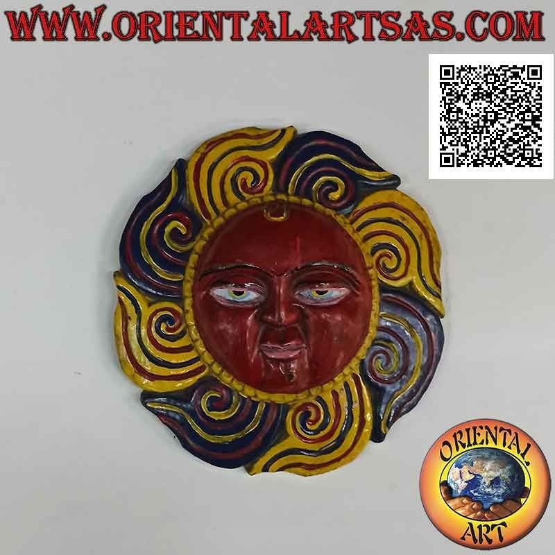 Maschera antica "sole nepalese" intagliata e dipinta a mano in legno di palissandro, 22 cm
