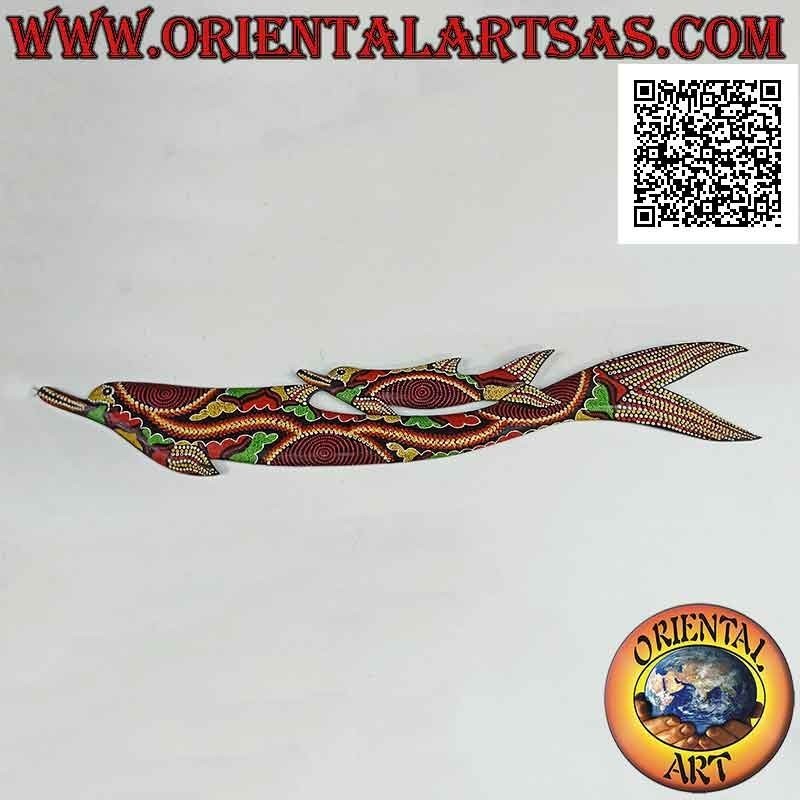 Masque de couple de dauphins à décors de mosaïques "Autochtones d'Australie" en bois de balsa, 97 x 15 cm