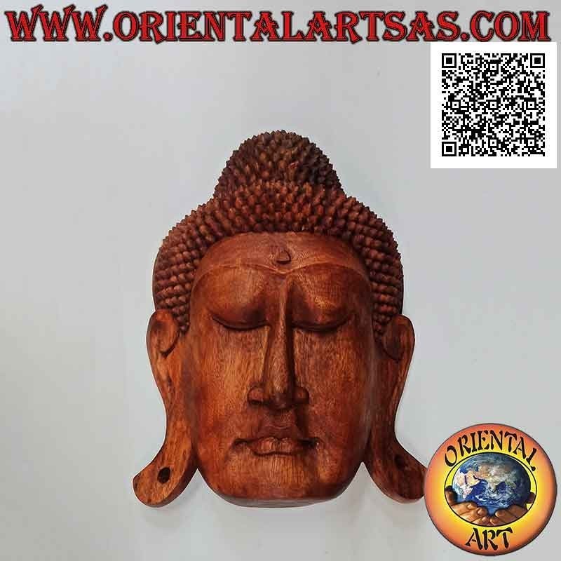 Wall or countertop buddha head sculpture mask in suar wood, 44 x 32 cm (single block)