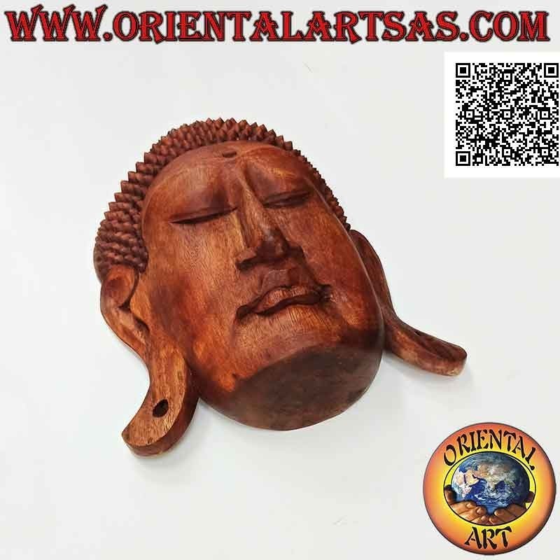 Masque sculpture tête de bouddha mural ou à poser en bois de suar, 44 x 32 cm (monobloc)