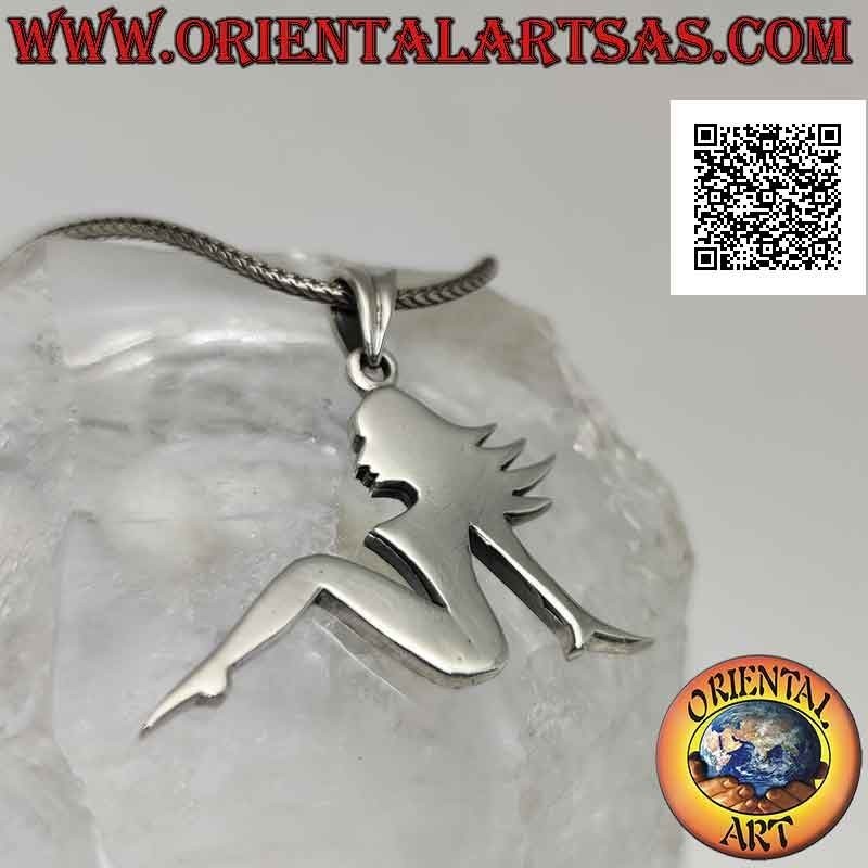 Colgante de plata, plato liso en forma de mujer en pose de perfil sensual