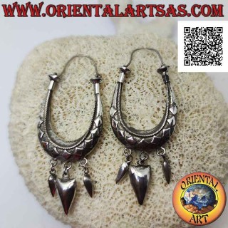 Boucles d'oreilles créoles en argent style "sac à main" avec losanges en relief et pointes pendantes