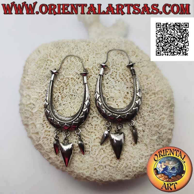 Silver "handbag" style hoop earrings with embossed rhombuses and dangling tips