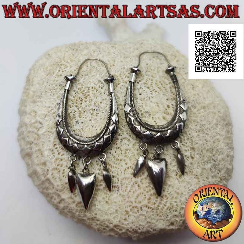 Silver "handbag" style hoop earrings with embossed rhombuses and dangling tips
