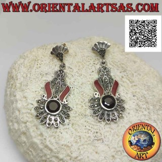 Silver earrings studded with marcasite with faceted round garnet and carnelian bands