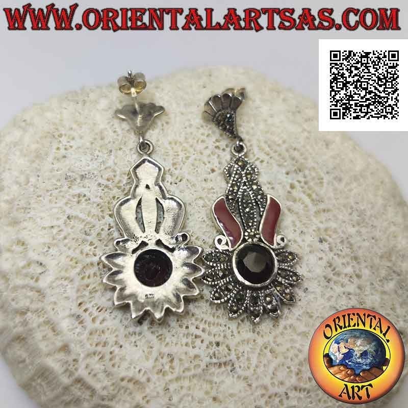 Silver earrings studded with marcasite with faceted round garnet and carnelian bands