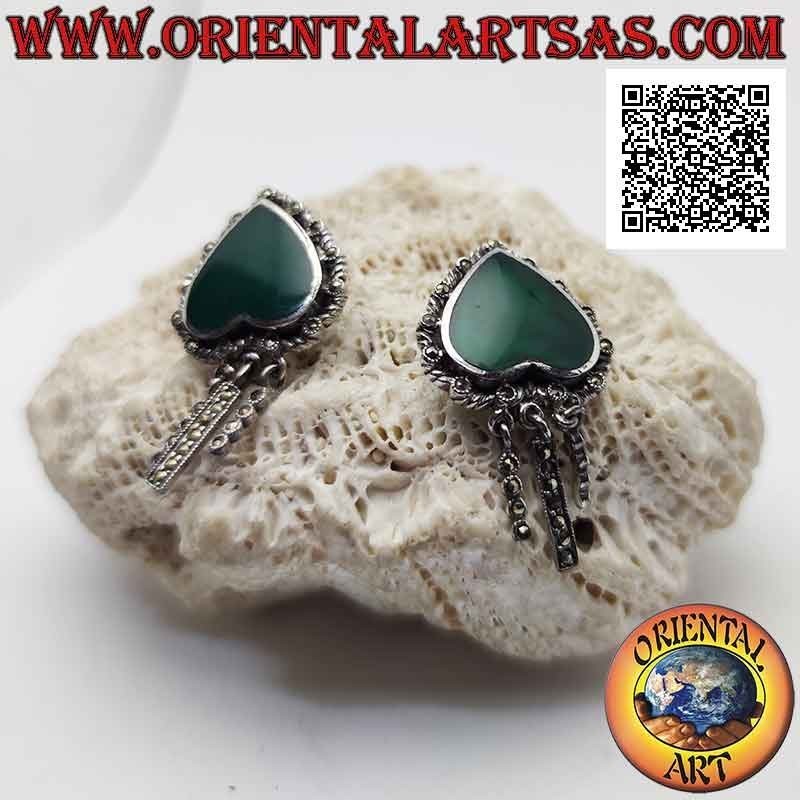 Silver earrings, inverted green agate heart surrounded by weaving and marcasite