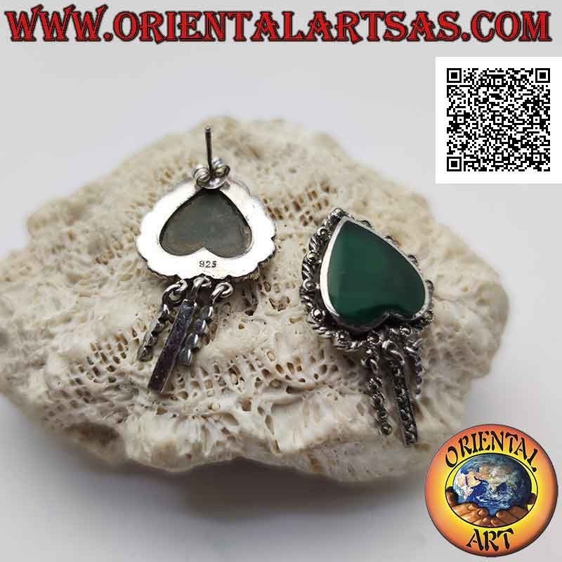 Pendientes de plata, corazón de ágata verde invertido rodeado de tejido y marcasita