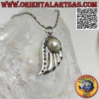 Silver pendant, angel wing with central pearl and marcasite