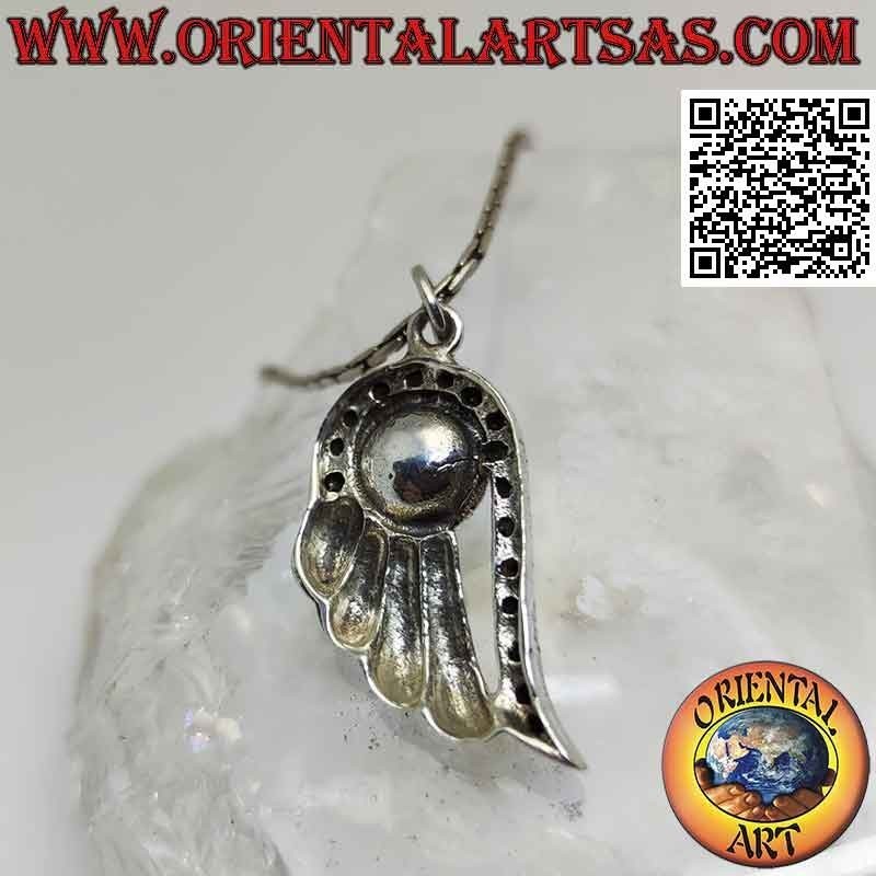 Silver pendant, angel wing with central pearl and marcasite