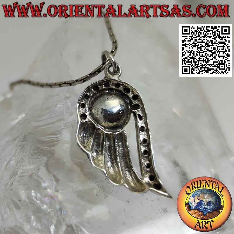 Silver pendant, angel wing with central pearl and marcasite