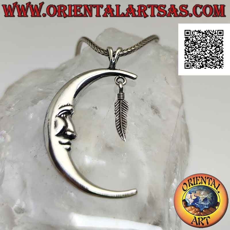 Colgante de plata, media luna con cara en forma (grande) y colgante de pluma