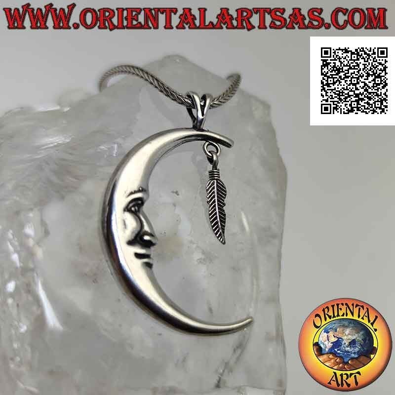 Pendentif en argent, croissant avec visage en forme (grand) et pendentif plume