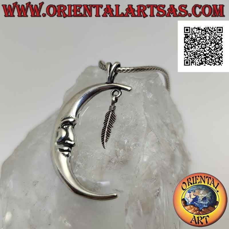Colgante de plata, media luna con cara en forma (grande) y colgante de pluma