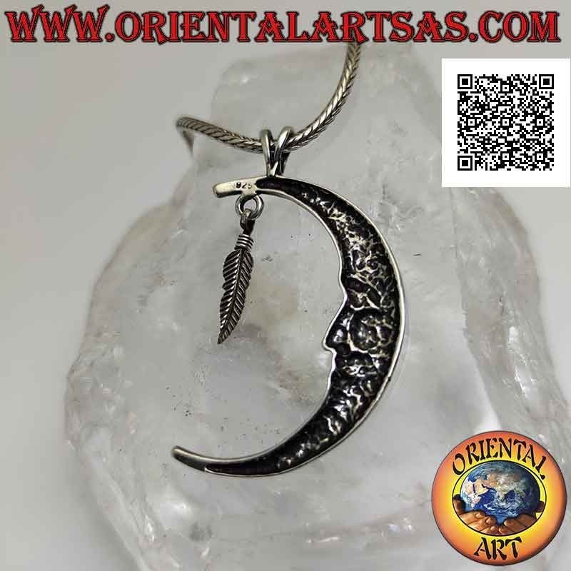 Colgante de plata, media luna con cara en forma (grande) y colgante de pluma