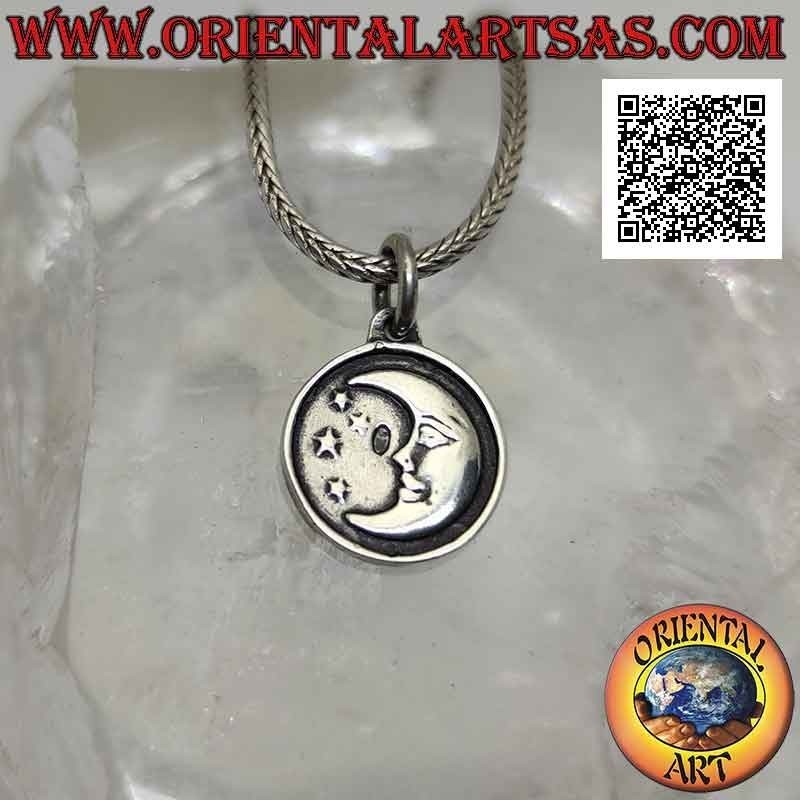 Silver pendant, round double-sided medal with sun on one side and moon and stars on the other
