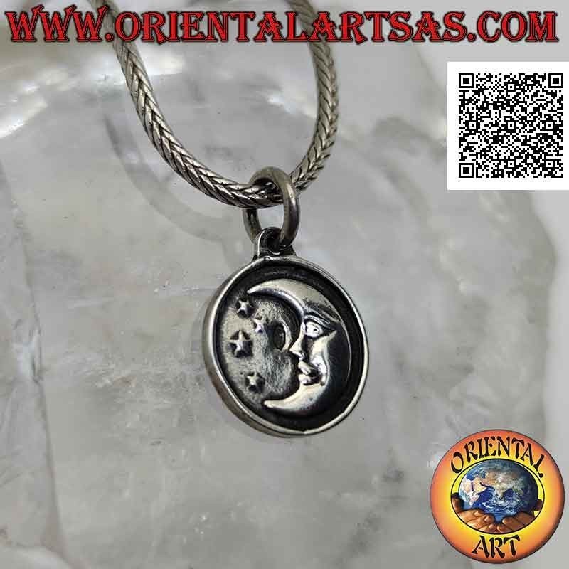 Pendentif en argent, médaille ronde double face avec soleil d'un côté et lune et étoiles de l'autre