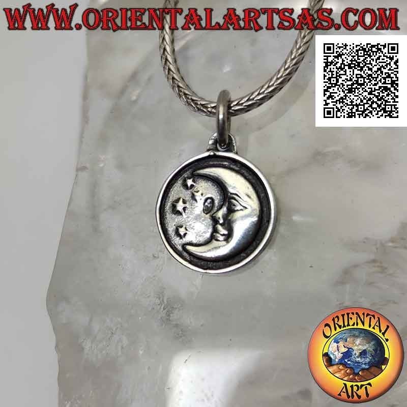 Pendentif en argent, médaille ronde double face avec soleil d'un côté et lune et étoiles de l'autre