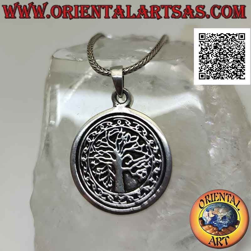 Silver pendant, round medal with Yggdrasil or tree of life surrounded by Celtic knots in bas-relief