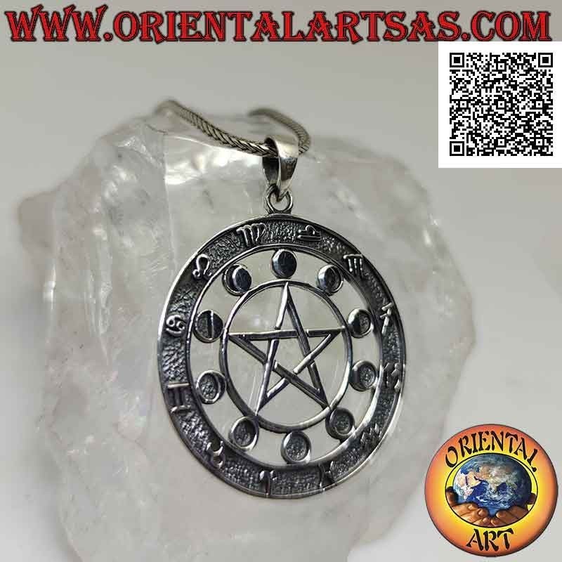 Ciondolo in argento, il pentacolo astrologico (pentacolo contornato da fasi lunari e simboli zodiacali)