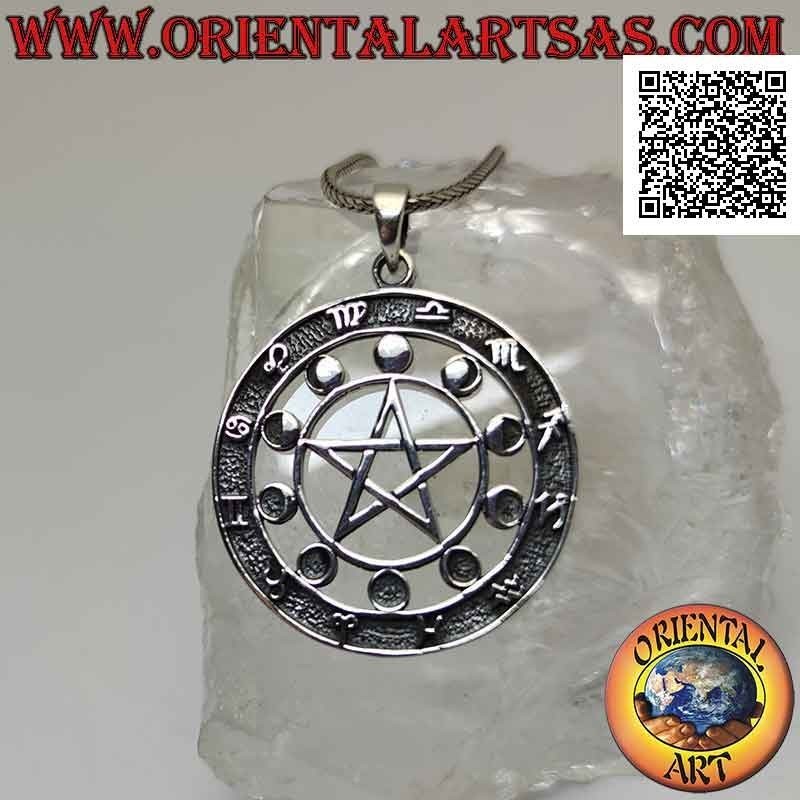 Silver pendant, the astrological pentacle (pentacle surrounded by moon phases and zodiac symbols)