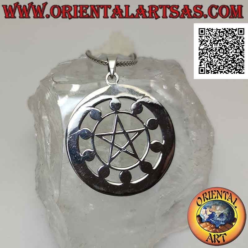 Silver pendant, the astrological pentacle (pentacle surrounded by moon phases and zodiac symbols)