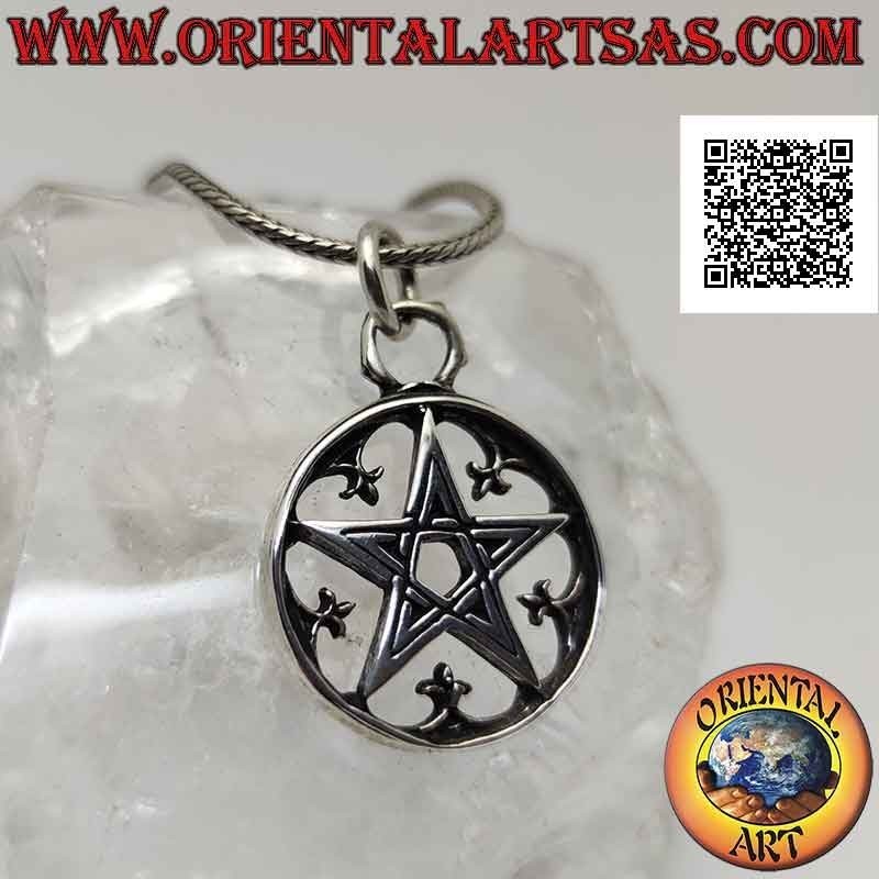 Silver pendant, pentacle in the circle surrounded by lilies (heraldic symbol)