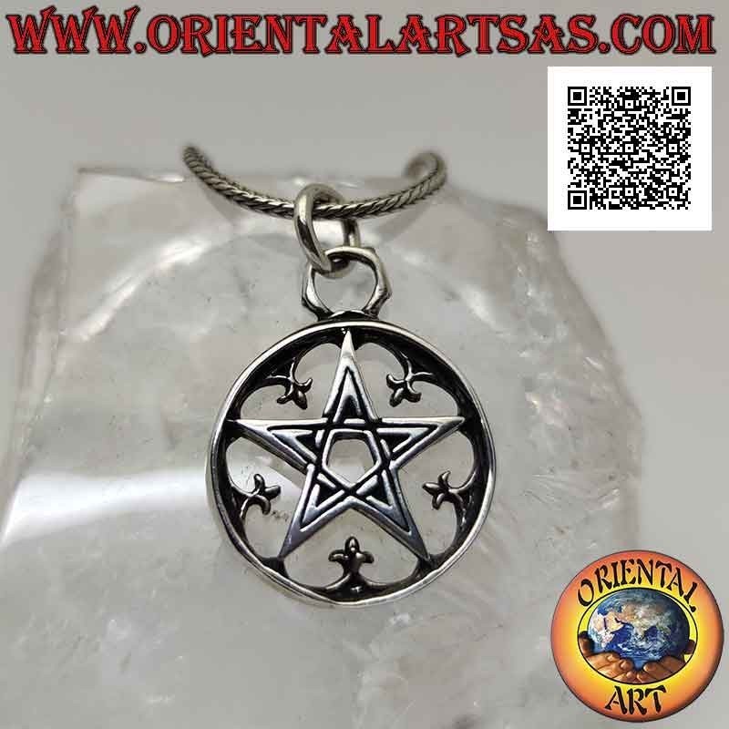 Silver pendant, pentacle in the circle surrounded by lilies (heraldic symbol)