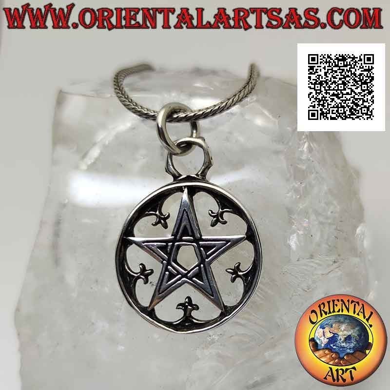 Silver pendant, pentacle in the circle surrounded by lilies (heraldic symbol)