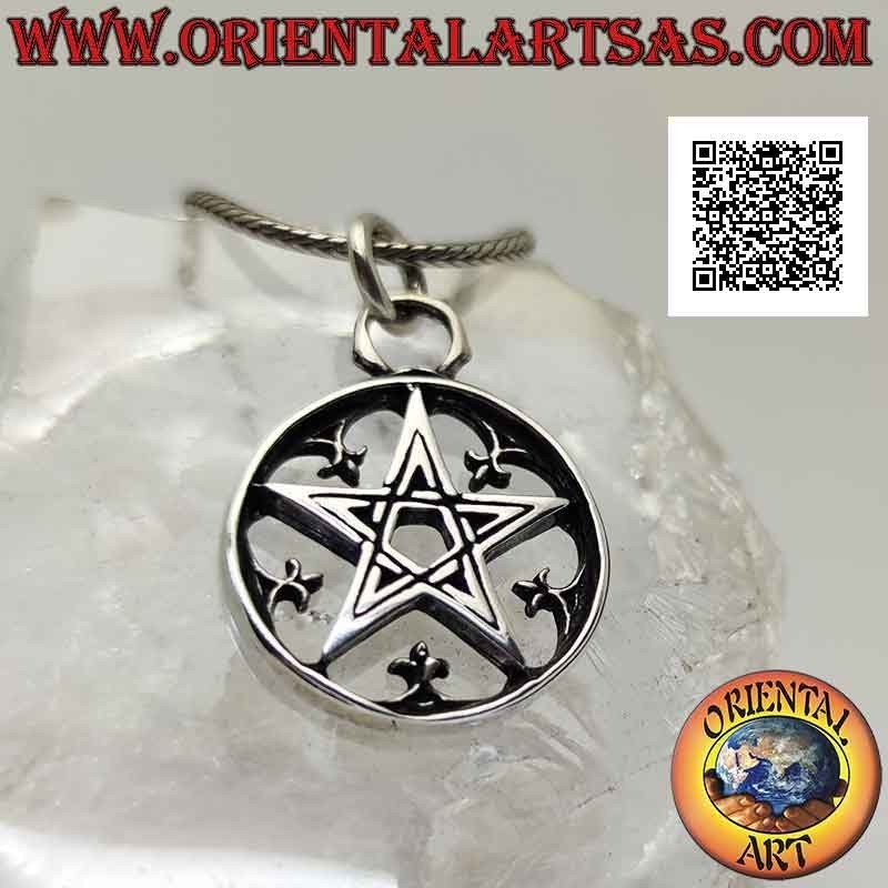 Silver pendant, pentacle in the circle surrounded by lilies (heraldic symbol)