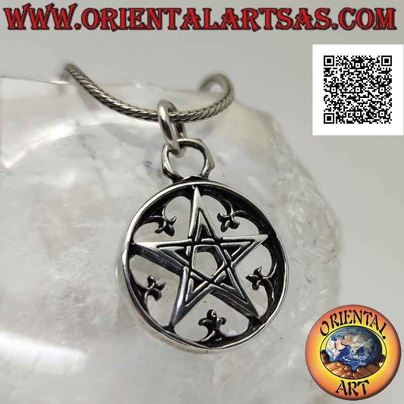 Silver pendant, pentacle in the circle surrounded by lilies (heraldic symbol)