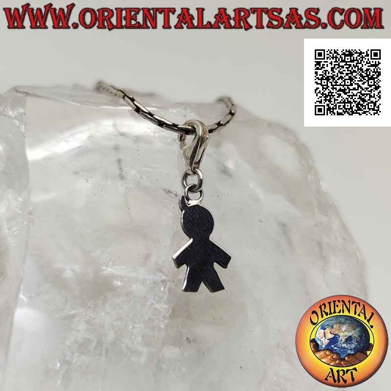 Colgante de plata, silueta estilizada de la persona plana lisa con mosquetón