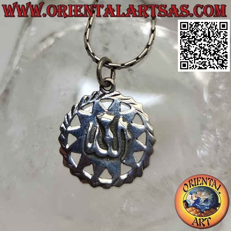 Ciondolo in argento, "Allah" ﷲ‎ in altorilievo su sole incorniciato