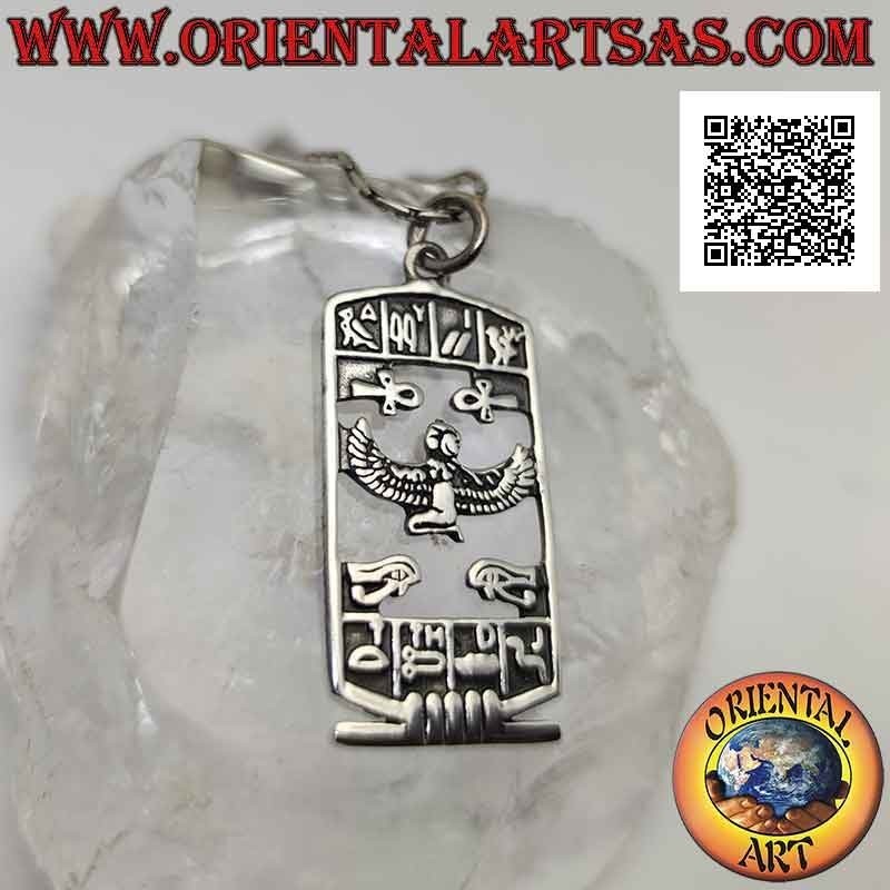 Ciondolo in argento, targhetta traforata con Iside, croce ankh, occhio di Horus e geroglifici
