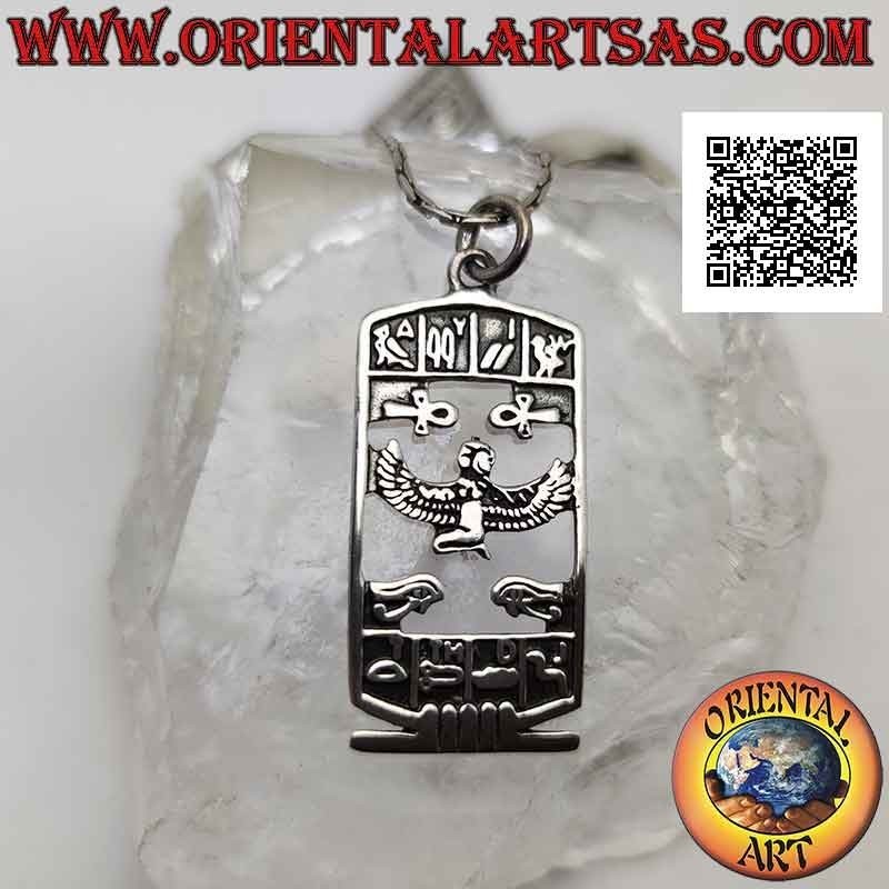Silver pendant, perforated plate with Isis, ankh cross, eye of Horus and hieroglyphs