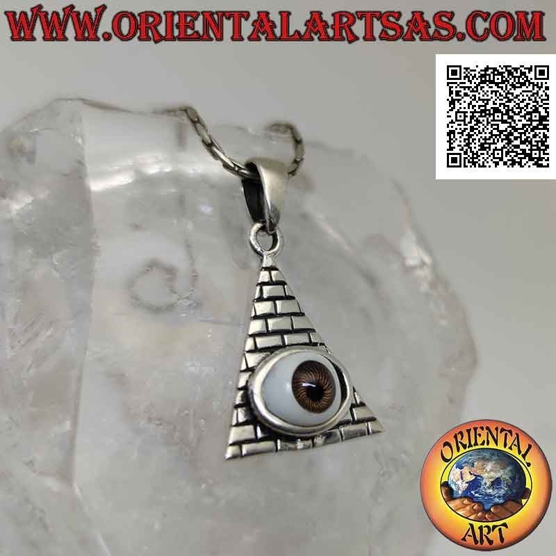 Ciondolo in argento, occhio della provvidenza su piramide a mattoni incisi (simbolo massonico)