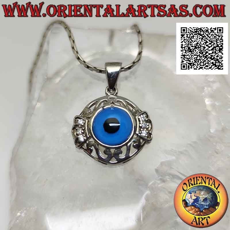 Silver pendant, Allah's eye surrounded by perforated Greek and zircon crown